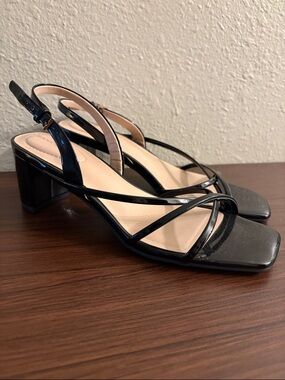 Bandolino Black Strappy Patent Block Dressy Heel Sandals Square Toe Size 8